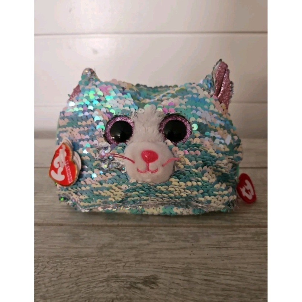 TY Fashion Blue Flippy Sequin Accessory Bag, Cosmetic Bag Whimsy the Cat